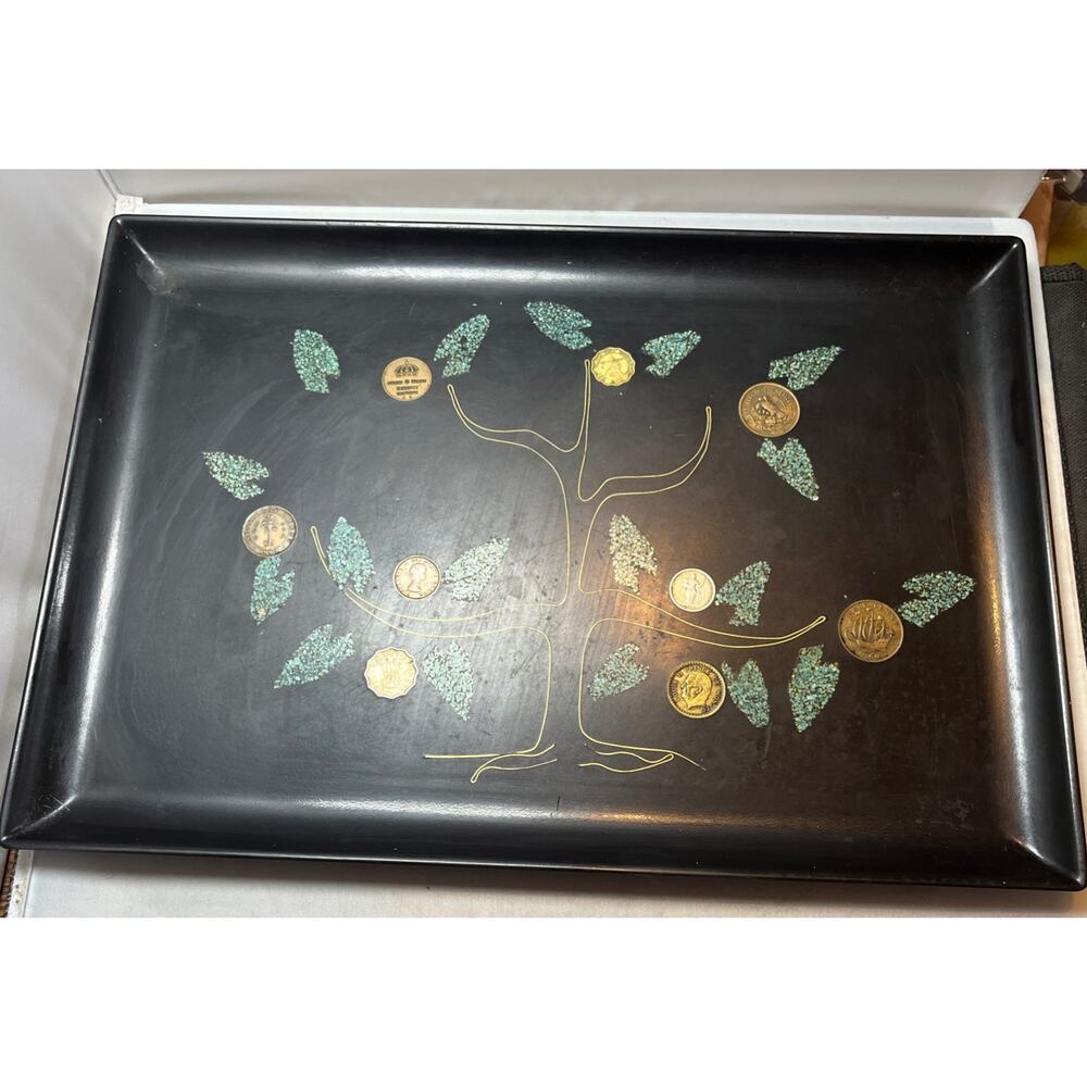 Vintage serving tray MCM Couroc of Monterey Large Money Tree with World Coins